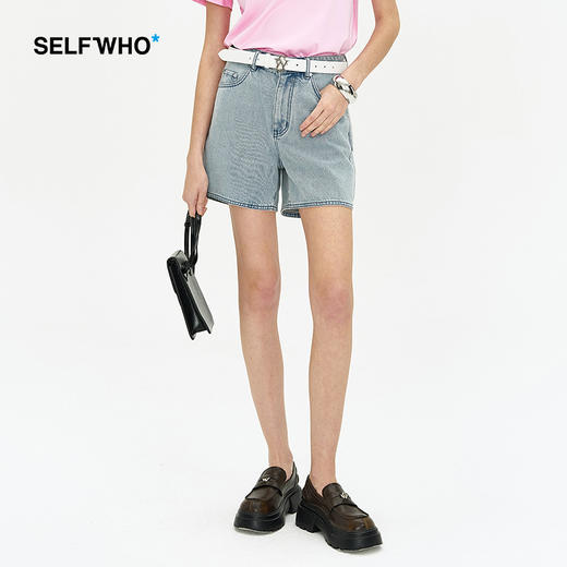 SELFWHO 纯棉浅色牛仔短裤女2024新款夏季小个子高腰休闲直筒裤子 商品图0