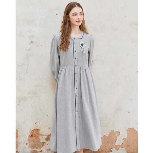 famecoco范可儿棉麻方领文艺连衣裙女宽松小众长裙FAC1FA009 商品图3