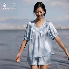 【新品】桑罗真丝V领娃娃衫泡泡袖套装女时尚显瘦减龄设计感短袖春夏新款