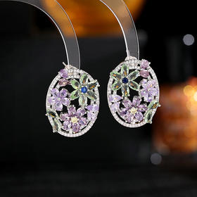 s925银针紫色花朵花卉耳环繁花似锦耳钉LY