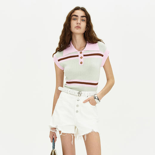 SELFWHO 粉绿条纹针织POLO衫女2024春季新款小个子设计感短袖上衣 商品图2