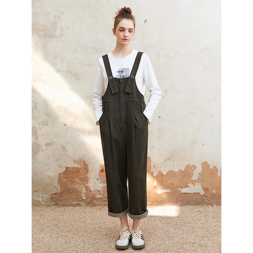 Famecoco范可儿纯棉休闲背带裤女士减龄运动黑色长裤FAC1GF001 商品图3