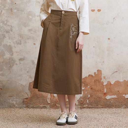 famecoco范可儿植物刺绣半身裙女松紧腰纯棉a字裙子FAC1HA011 商品图0