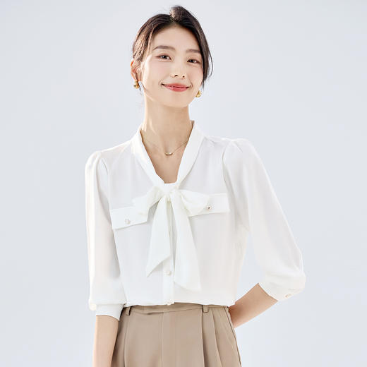 【系带领结】罗蒙女士长袖衬衫商务通勤舒适优雅简约大气衬衫女 商品图3