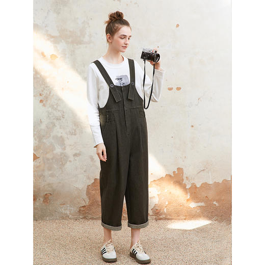 Famecoco范可儿纯棉休闲背带裤女士减龄运动黑色长裤FAC1GF001 商品图4