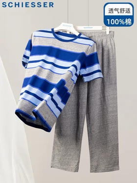 【全棉条纹】SCHIESSER 德国舒雅男士纯棉睡衣春夏新款全棉短袖长裤宽松可外穿家居服套装39/22789H