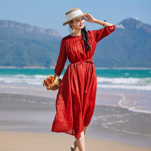 苎麻褶皱复古宽松，飘逸连衣裙中袖系带长裙 HS24818 商品图0