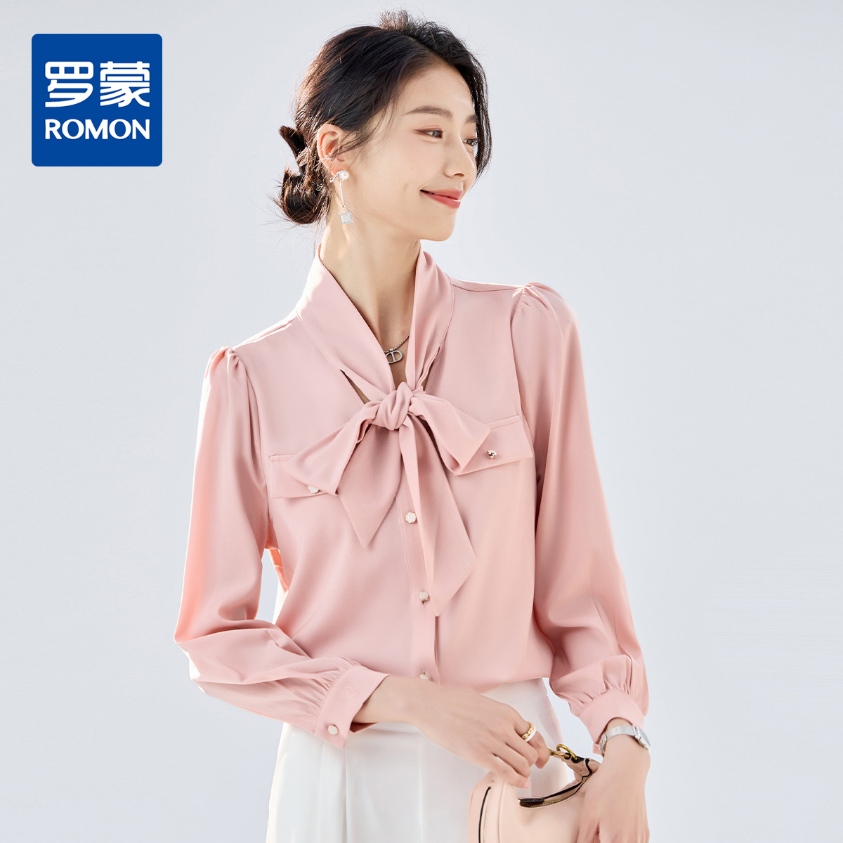 【系带领结】罗蒙女士长袖衬衫商务通勤舒适优雅简约大气衬衫女