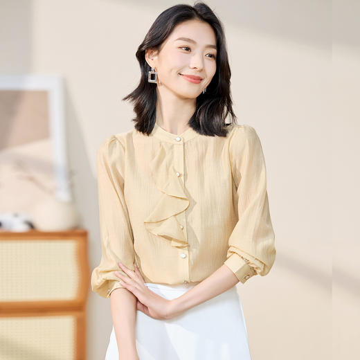 【圆领荷叶边】罗蒙女士长袖衬衫简约清新舒适轻薄款衬衫开衫女 商品图2