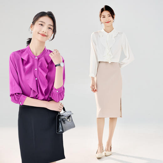 【灵动荷叶边】罗蒙女士长袖衬衫经典圆领舒适休闲商务通勤衬衫女 商品图1