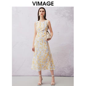 VIMAGE纬漫纪夏季新款气质收腰显瘦无袖印花连衣裙V2107752