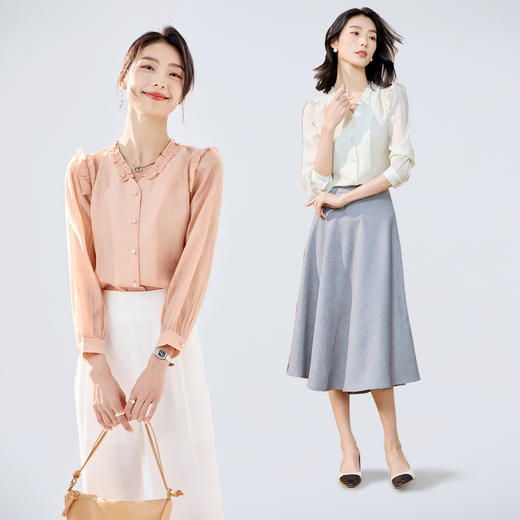 【舒适百搭】罗蒙女士长袖衬衫V领花边领简约清新系扣衬衫女 商品图1