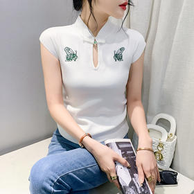 KQL-8116新中式国风蝴蝶刺绣盘扣短袖T恤小众气质修身打底上衣