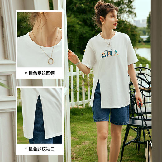 OLrain欧芮儿法式米白色短袖T恤女夏季2023新款宽松印花开叉上衣 商品图5