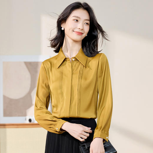 【简约大方】罗蒙女士长袖衬衫商务通勤翻领压皱设计衬衫女上衣 商品图4