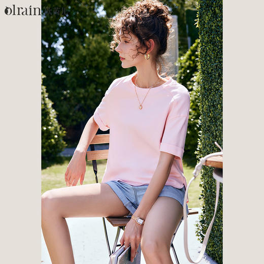 欧芮儿OLrain法式粉色短袖T恤女夏季2022新款宽松时尚刺绣上衣 商品图1