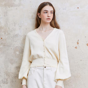 famecoco范可儿复古短款针织开衫女灯笼袖修身毛衣FAC1DE012