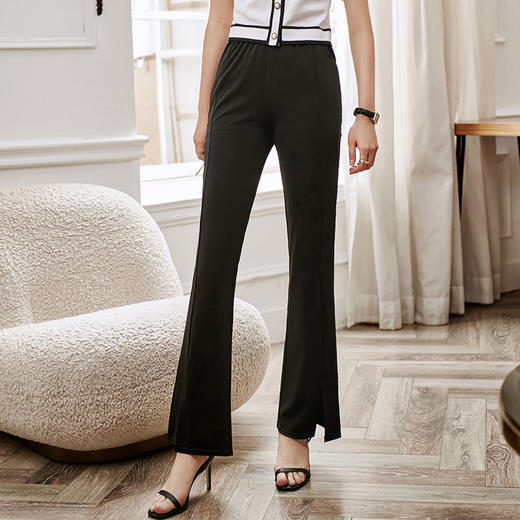 欧芮儿黑色休闲裤女夏新款2021修身显瘦时髦气质优雅开叉微喇叭裤 商品图8