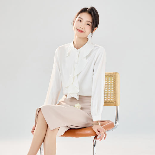 【灵动荷叶边】罗蒙女士长袖衬衫经典圆领舒适休闲商务通勤衬衫女 商品图2