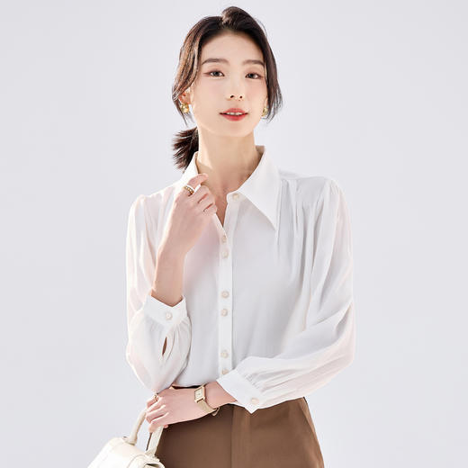 罗蒙女士长袖衬衫女款经典款通勤翻领长袖纯色单穿衬衣内搭衬衫 商品图3