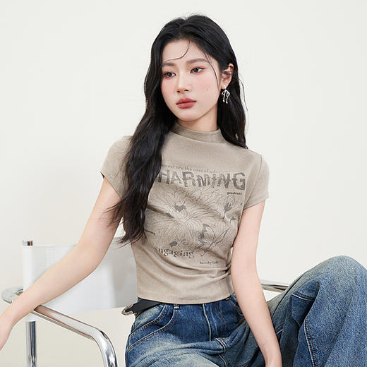 美式复古辣妹风半高领印花短款T恤女新款修身背心V0051017 商品图0