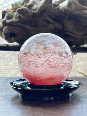 粉红人造水晶球与大漆底座，顺丰包邮