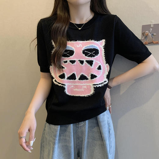 大码卡通提花短袖冰丝针织衫女2025新款夏季胖mm短款减龄上衣洋气 商品图3