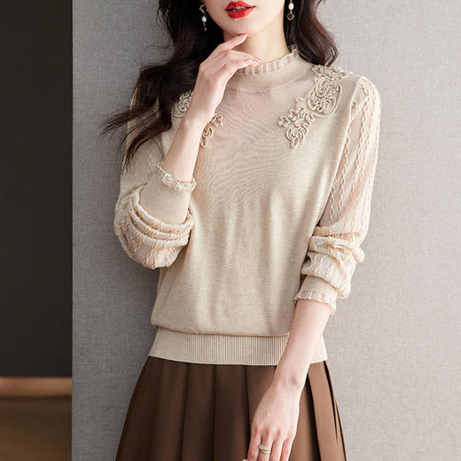 CC17-1918镂空针织衫女上衣洋气春装2024年新款春秋女装长袖妈妈蕾丝打底衫 商品图3