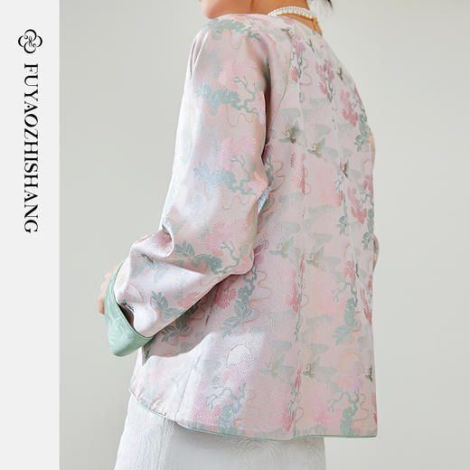 FUYAO扶摇 新中式短外套女粉色圆领提花上衣国风盘扣宋锦外套春季 商品图3