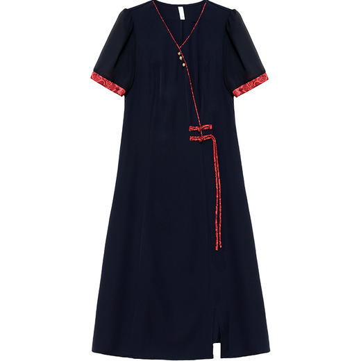 QYMOMS-YQA408-L2024年夏款中长款新中式国风优雅时尚连衣裙V领短袖气质修身A字裙 商品图4