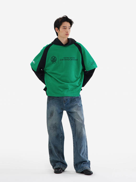 CryingCenter 足球小子假两件中绿色连帽T恤 哭喊中心 商品图0