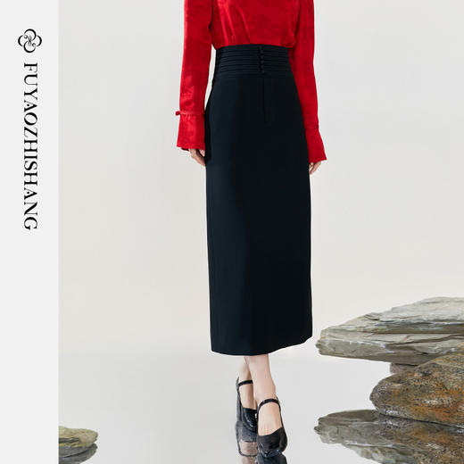 FUYAO扶摇 黑色裙子女夏季新款中式盘扣西装裙通勤休闲百搭半身裙 商品图1