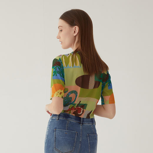 谜底花色修身短袖薄T恤女2024夏季新款弹力亲肤柔软上衣246MT7050 商品图2