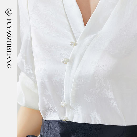 FUYAO扶摇 新中式交领上衣女白色提花珍珠扣衬衫新款国风改良汉服 商品图2