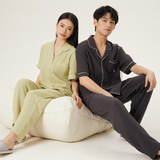 连绵·双层纱绉布100%棉开衫短袖长裤睡衣（男/女） 商品图10