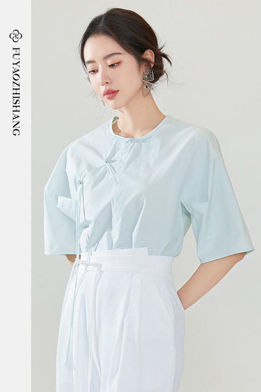 FUYAO扶摇 新中式衬衫女国风盘扣衬衣圆领纯棉五分袖上衣夏季新款 商品图5