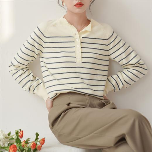 「三色可选！小众设计款」甜美温柔风圆领条纹针织衫 上衣女春季新款设计感长袖宽松套头毛衣 商品图3