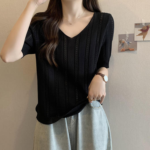 夏季遮肚子显瘦v领减龄冰丝短袖t恤女大码胖mm遮肉百搭打底衫上衣 商品图1