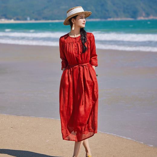 苎麻褶皱复古宽松，飘逸连衣裙中袖系带长裙 HS24818 商品图2