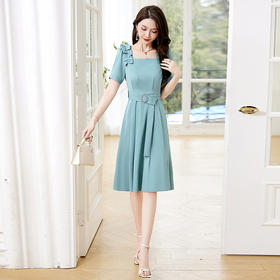 HRFS-713-19夏季上新气质时尚简约大方轻奢设计高级感高腰纯色连衣裙