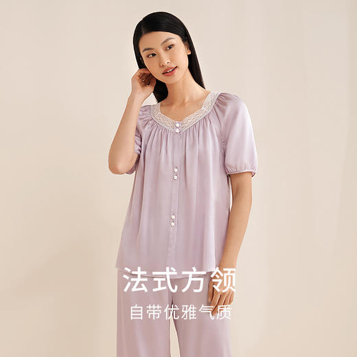 【法式蕾丝】金三塔真丝睡衣女100%桑蚕丝春夏宽松短袖方领衣裤套  YSFEB403 商品图1