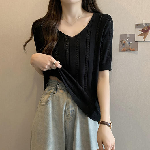 夏季遮肚子显瘦v领减龄冰丝短袖t恤女大码胖mm遮肉百搭打底衫上衣 商品图3