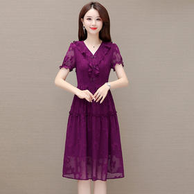 OYMXQD-Q2301-L-2024年夏款中长款提花时尚雪纺裙V领短袖修身显瘦洋气休闲连衣裙