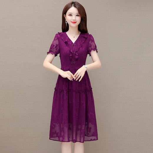 OYMXQD-Q2301-L-2024年夏款中长款提花时尚雪纺裙V领短袖修身显瘦洋气休闲连衣裙 商品图0