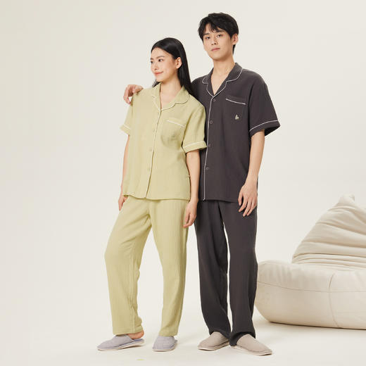 连绵·双层纱绉布100%棉开衫短袖长裤睡衣（男/女） 商品图5