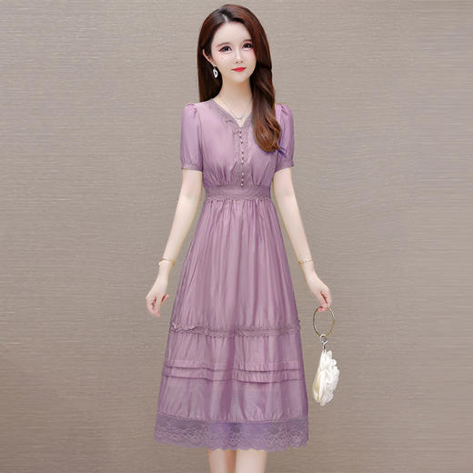 OYM-OMS-SLA432-L2024年夏款长款蕾丝拼接修身时尚连衣裙V领短袖显瘦优雅洋气A字裙 商品图0