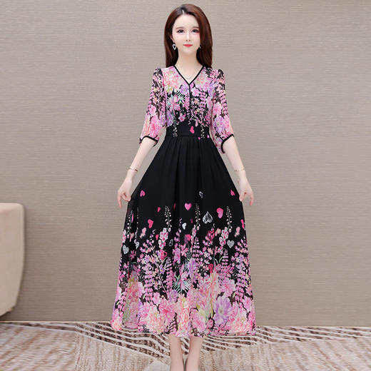 OYMOMS-SA406-L-洋气印花连衣裙2024年夏款长款V领五分袖收腰时尚优雅气质雪纺裙 商品图1