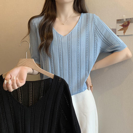 夏季遮肚子显瘦v领减龄冰丝短袖t恤女大码胖mm遮肉百搭打底衫上衣 商品图0