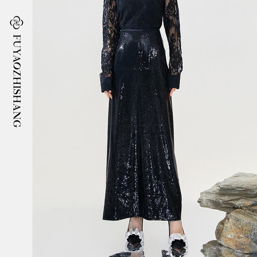 FUYAO扶摇 半身裙女2024新款设计感黑色亮片西装裙后开叉性感裙子 商品图0