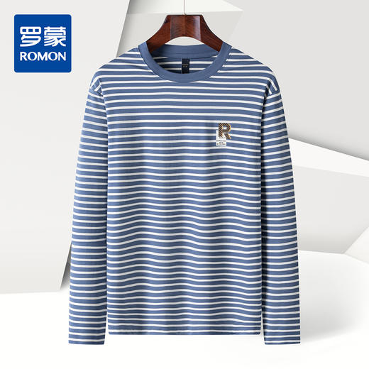 【桑蚕丝混纺】罗蒙春夏长袖T恤男士海魂衫休闲百搭经典男士圆领条纹T恤 商品图4
